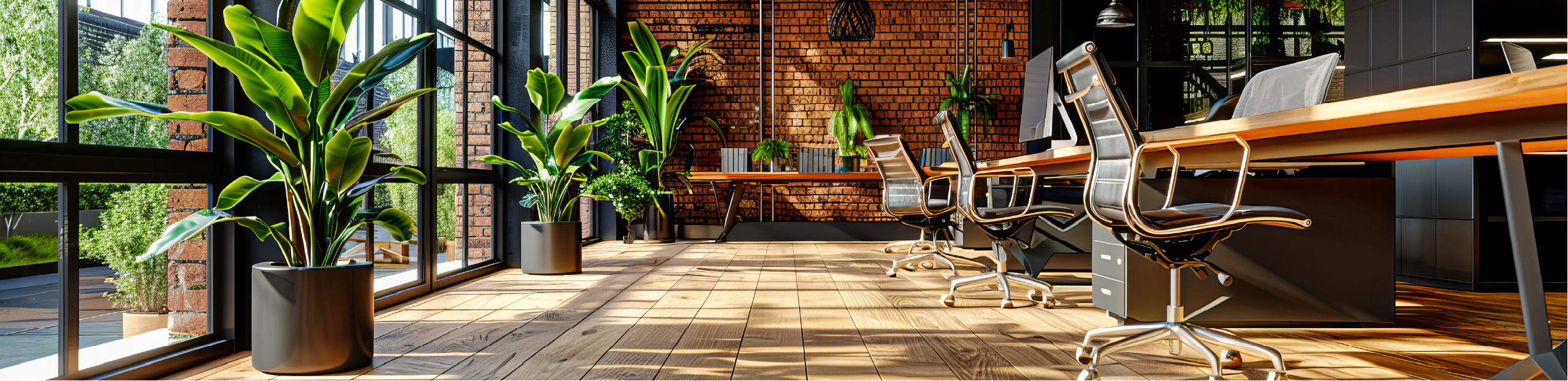 An office space featuring multiple desks arranged neatly, adorned with various indoor plants for a refreshing atmosphere.