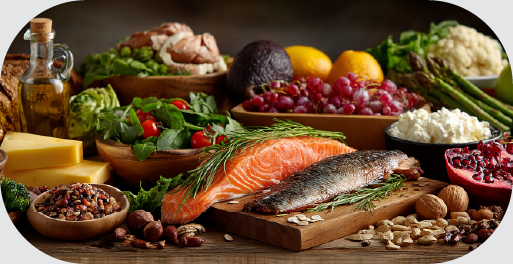 an assortment of fresh food, including salmon, oil, cheese, salad, fruits and vegetables all arranged artistically on a dark brown wooden countertop