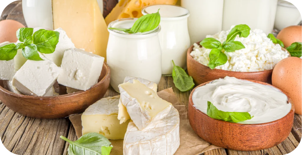 dairy products, like the milk, cheeses and dips pictured here, should be subjected to aflatoxin testing