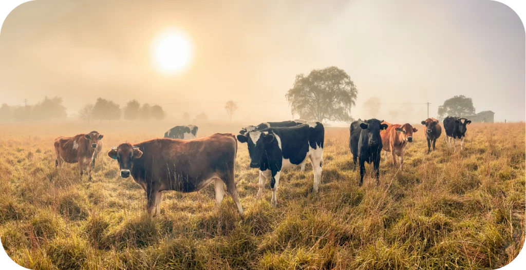 cows in a field at sunrise representative of the bovine testing panels that form part of our animal health diagnostics portfolio