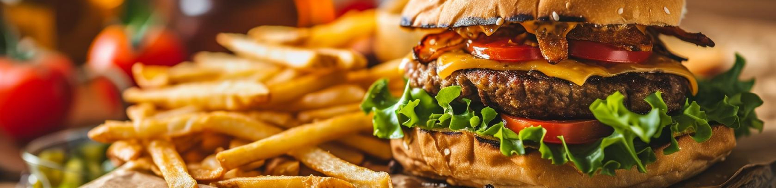 a hamburger and fries on a chopping broad