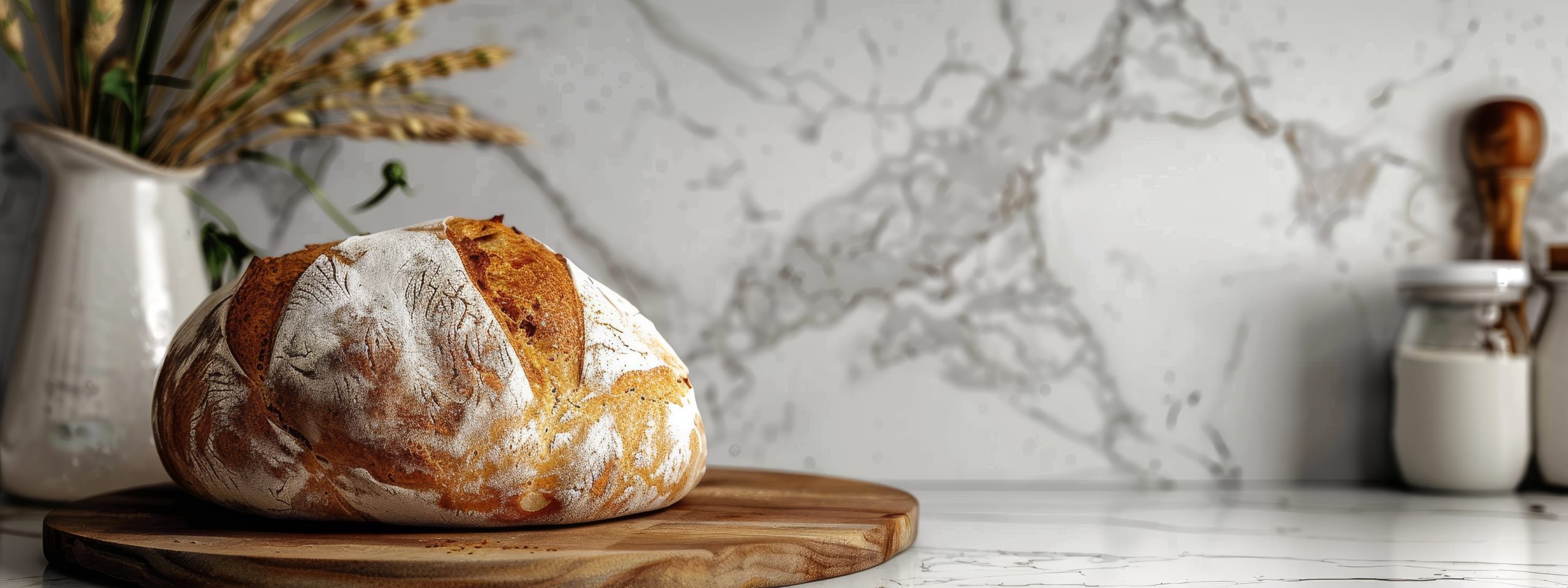 a fresh loaf of bread dusted in flower placed on a wooden chopping board on a marble benchtop