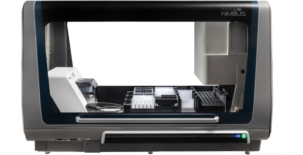 A RIDA®Xtract 96 instrument. Large, rectangular piece of equipment with a black and blue facade and transparent glass screen with numerous components internally