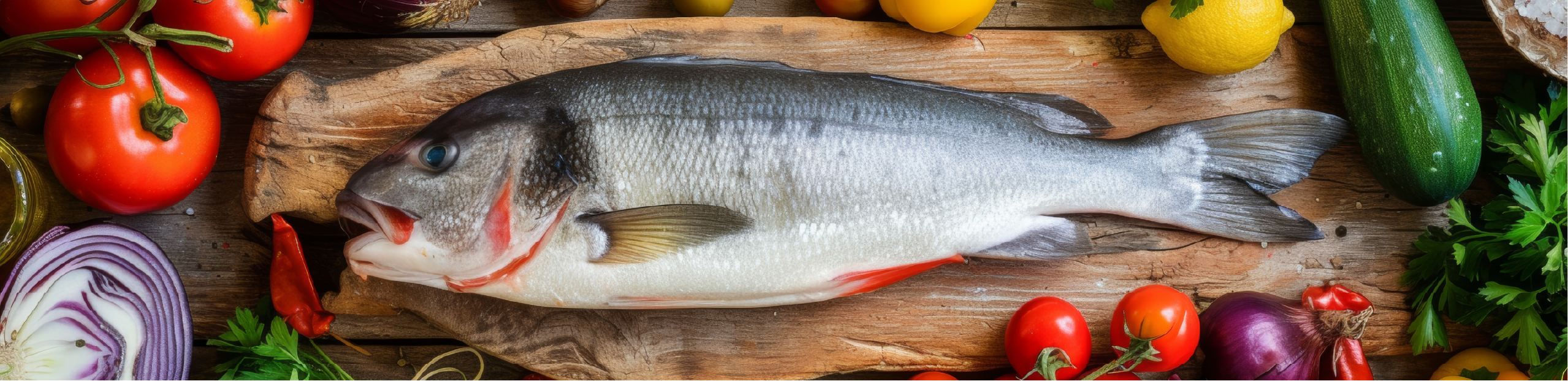 a full, uncooked fish on a chopping board surrounded by fresh vegetables