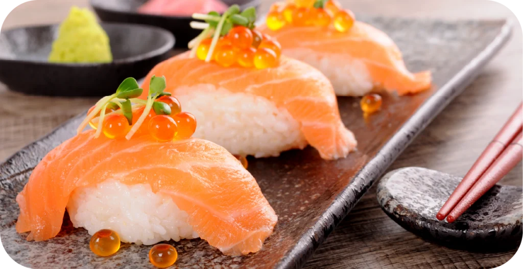 salmon sashimi on a plate with caviar. It is important that salmon is subjected to fish species identification