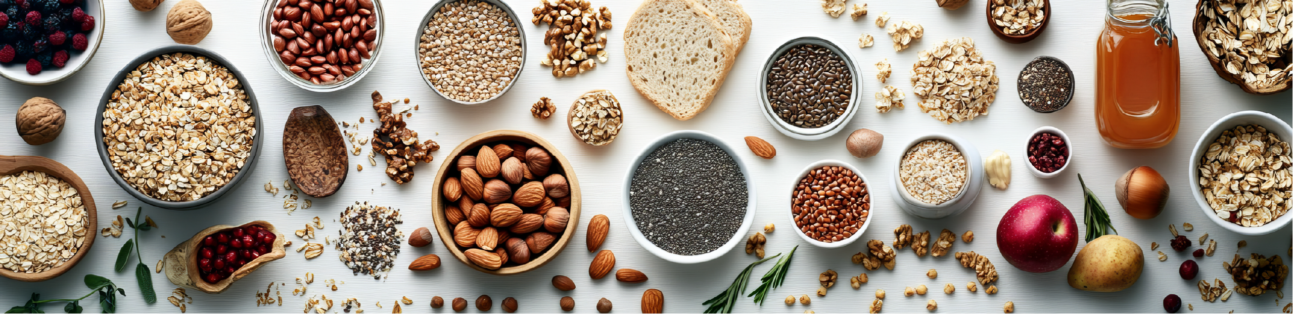 a series of grains, seeds, nuts and cereals on a light coloured surface
