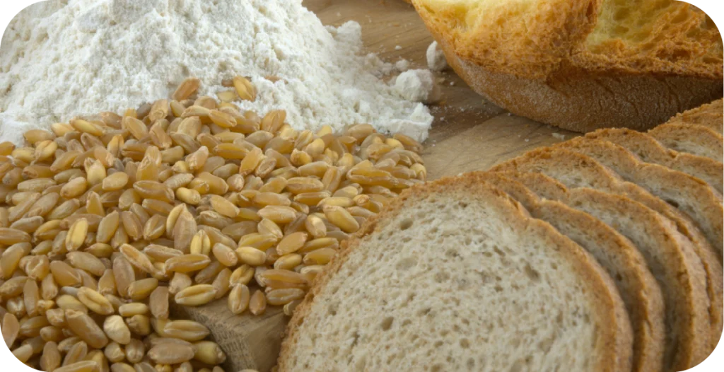 a collection of gluten-based products arranged on a board