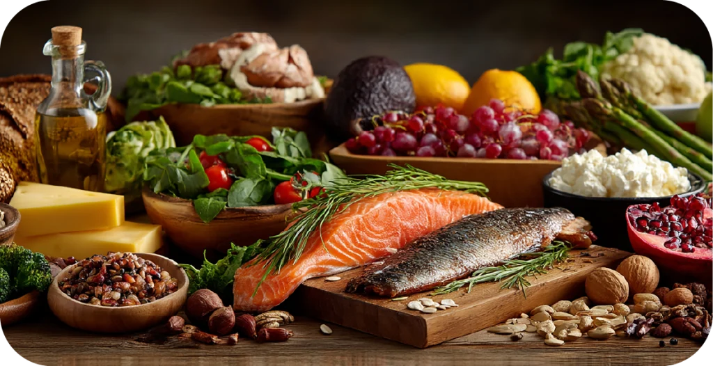 an assortment of fresh food, including salmon, oil, cheese, salad, fruits and vegetables all arranged artistically on a dark brown wooden countertop