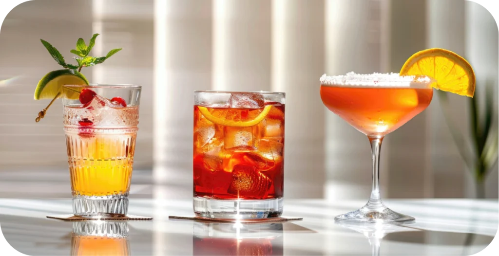 three cocktails placed on a bench