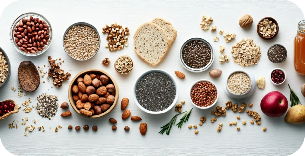 a series of grains, seeds, nuts and cereals on a light coloured surface