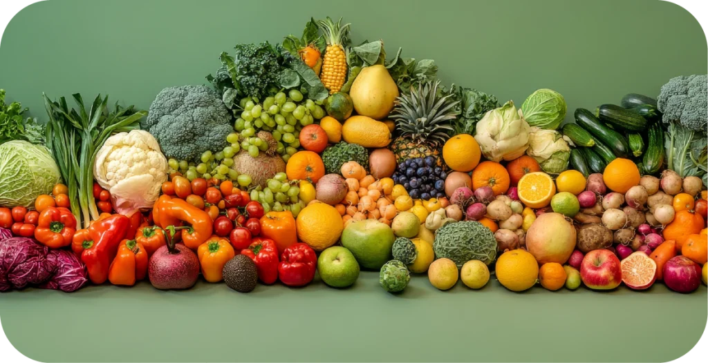 an assortment of fruits and vegetables set on a green background