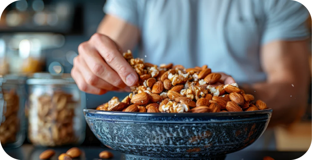 a man in a blue shirt picks a walnut out of a bowl filled with walnuts