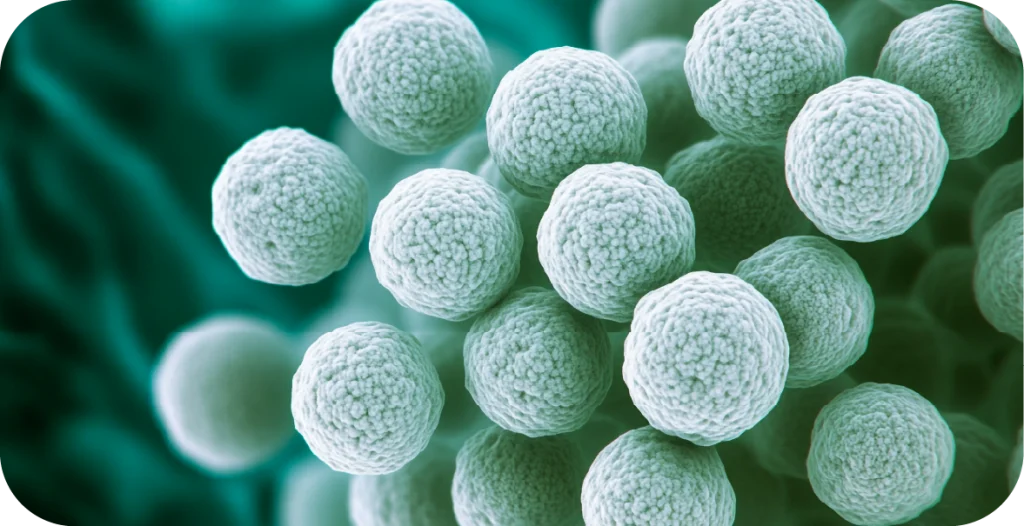 Microscopic Illustration of Staphylococcus Aureus. A Close-Up of Clustered Spherical Bacteria in light green set on a dark green background