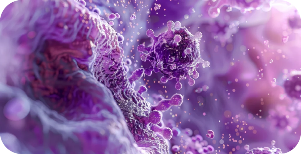 a number of purple virus cells set in a liquid purple background