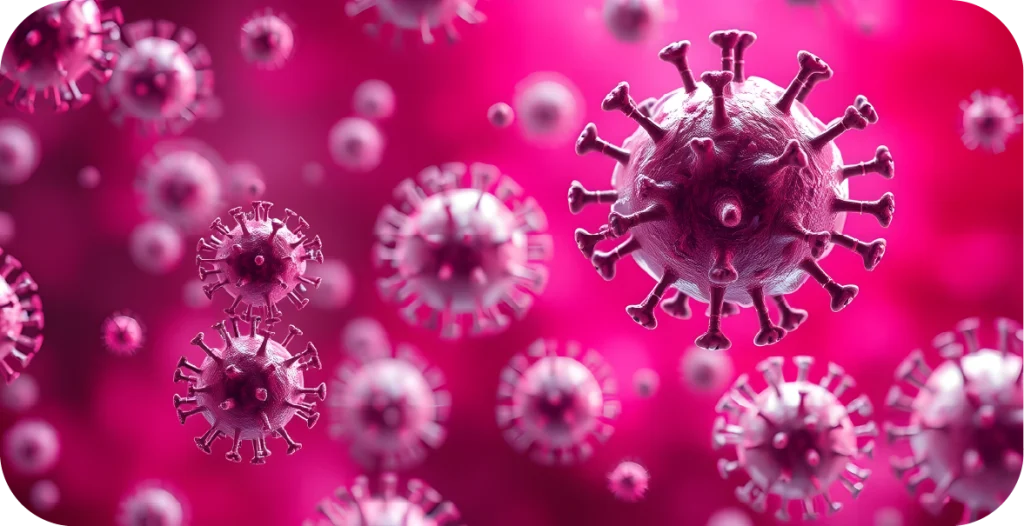 a number of pink spiked virus cells set on a light pink background