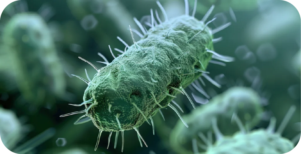 a close up of a green bacterium floating through a dark green liquid