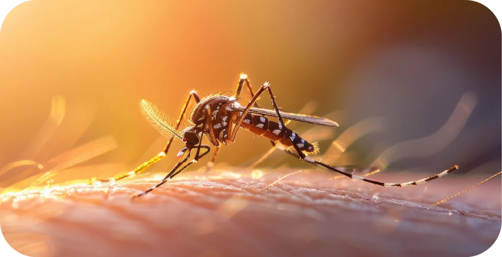 a close-up shot of a mosquito biting a human arm