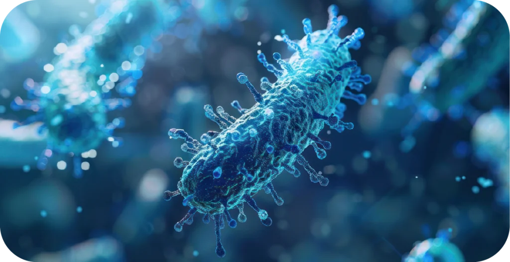 a light blue bacterium floating through a dark blue liquid