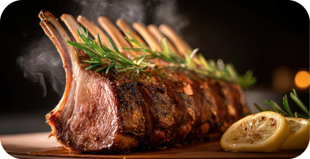 cooked lamb rack with lemon and tomatoes on a chopping board, important for meat species identification
