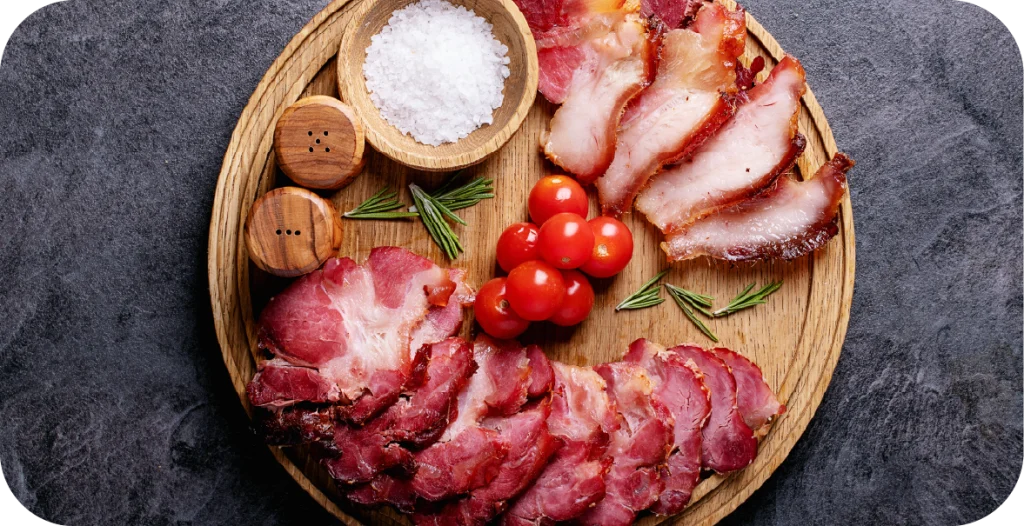 cooked pork products with salt and tomatoes on a chopping board, important for meat species identification