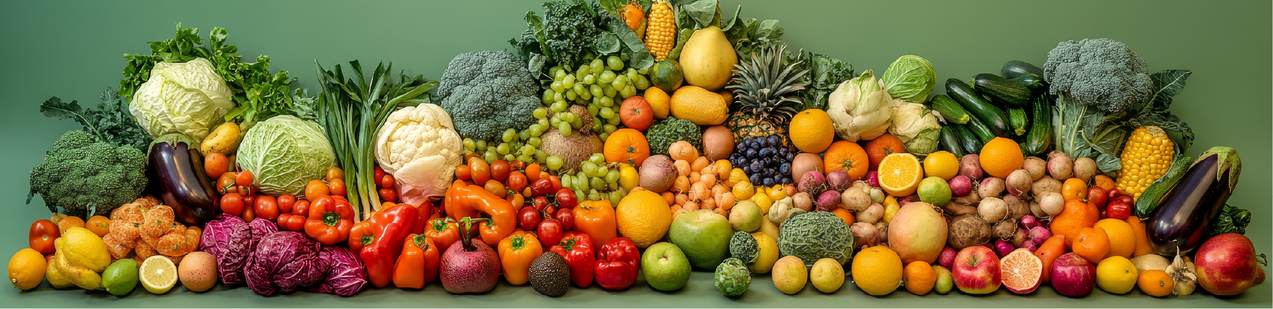 an assortment of fruits and vegetables set on a green background