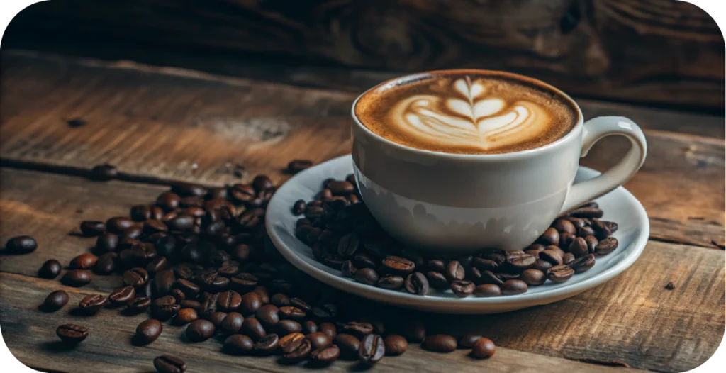 a cup of coffee sits on a wooden table with coffee beans scattered around it