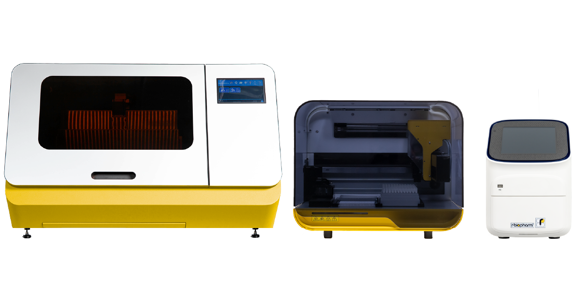 three complex medical diagnostic instruments arranged together on a transparent background