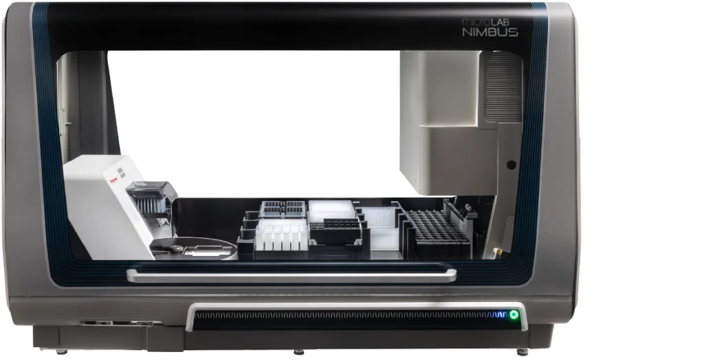 The RIDA®Xtract 96 instrument. A large black and blue box with a transparent glass screen