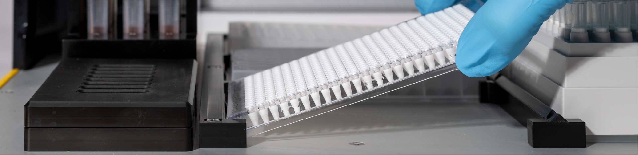 a scientist in a blue lab glove places a tray of diagnostic cassettes into an instrument