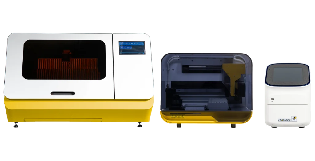 Three medical diagnostic instruments placed next to each other, each a component of the RIDA®Xplore Alliance