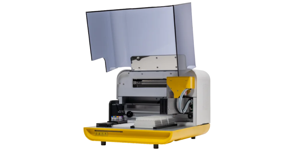 Image of the RIDA®Xplore with the lid raised. A complex piece of equipment with a yellow base