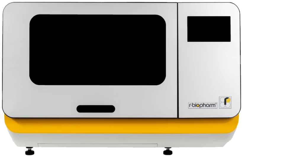 A RIDA®Xtract 24 instrument. Large, rectangular piece of equipment with a white facade, yellow base and two dark glass screens