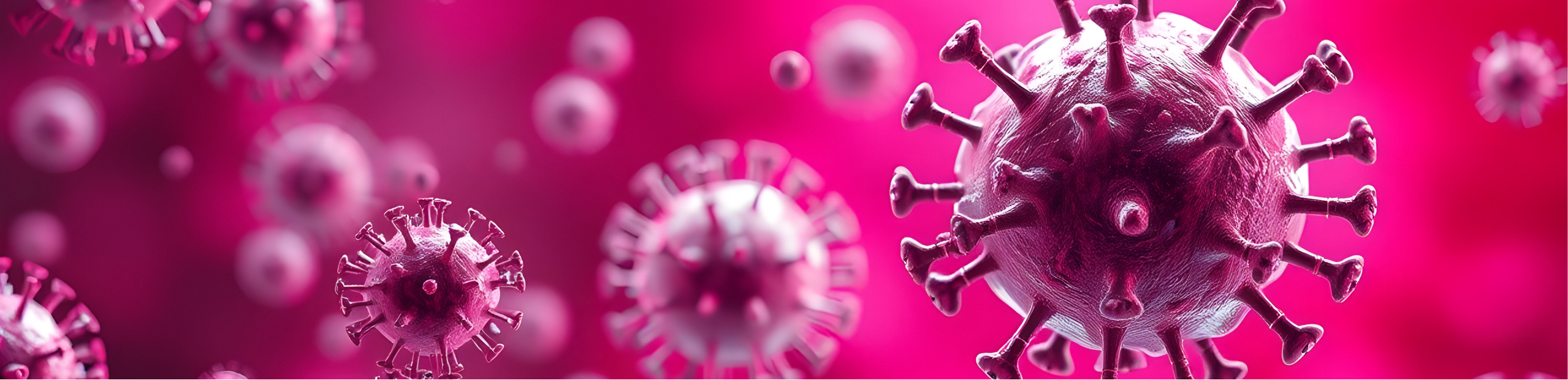 a number of pink spiked virus cells set on a light pink background