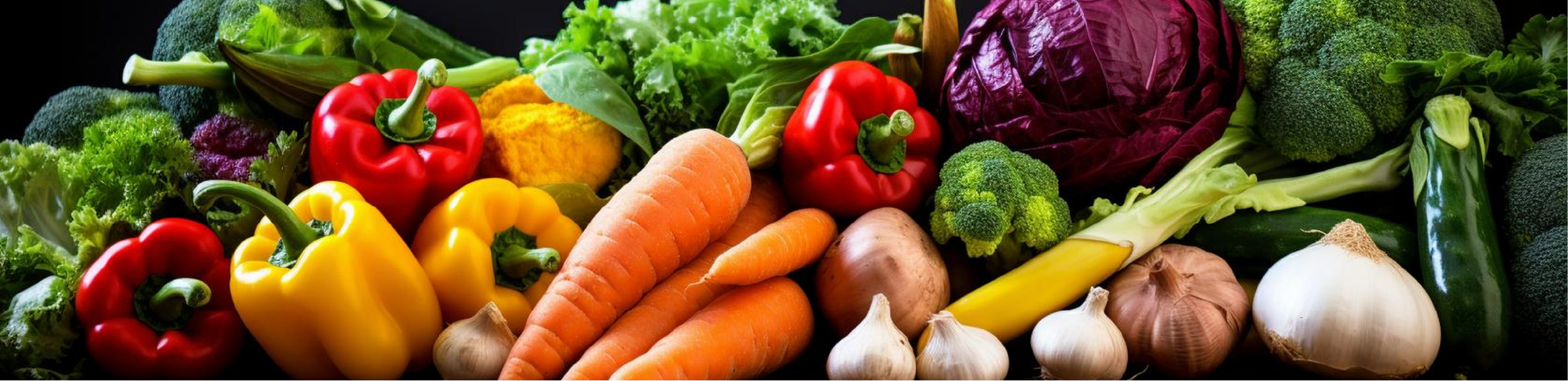 fresh produce, including capsicums, carrots and garlic arranged together