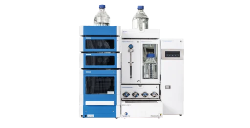 Three large pieces of technology sitting next to each other. The left side is a tall, blue box, the middle is a white box with many dials and gauges and the right side is a smaller white box with a touch screen