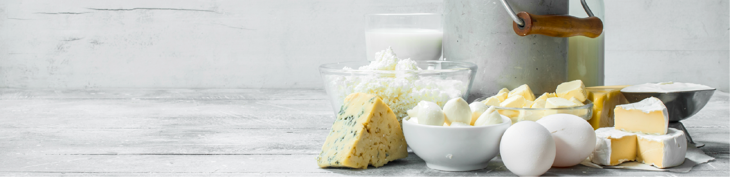 a variety of dairy and animal products on a table in front of a grey background