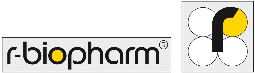 Contact R-Biopharm Australia page logo. One rectangular grey box with the words R Biopharm next to a square grey box with a black r inside 4 circles of varying colours