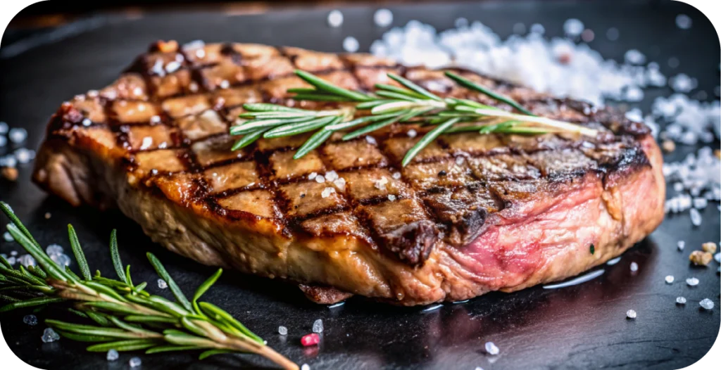 a juicy medium rare steak on a black plate with sprigs of rosemary and salt surrounding it