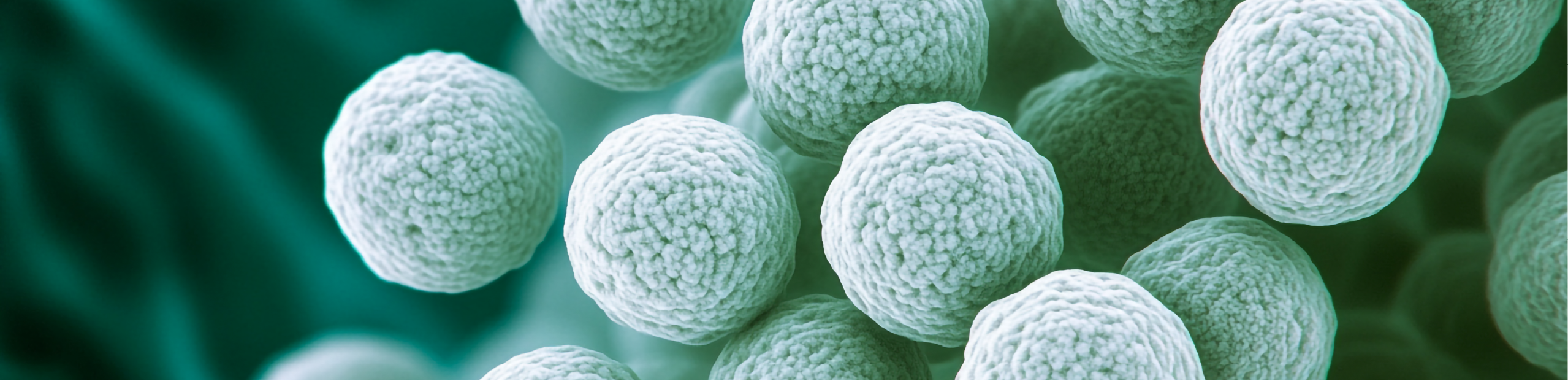green staph cells float in a dark green liquid