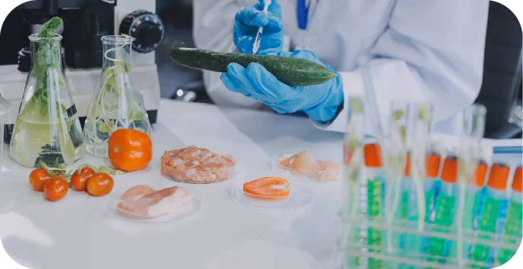 a scientist runs testing on fresh vegetables