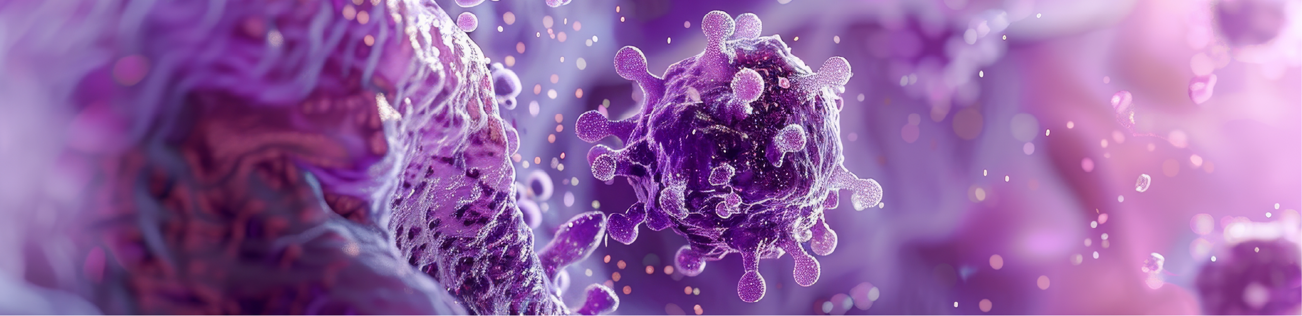 purple virus cells floating in a purple liquid