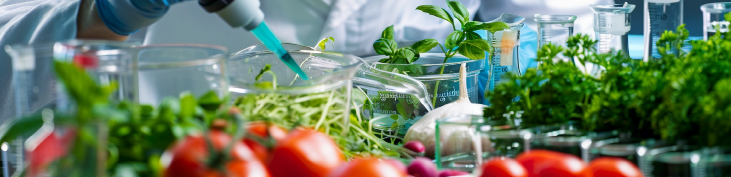 a scientist examines fresh herbs and vegetables