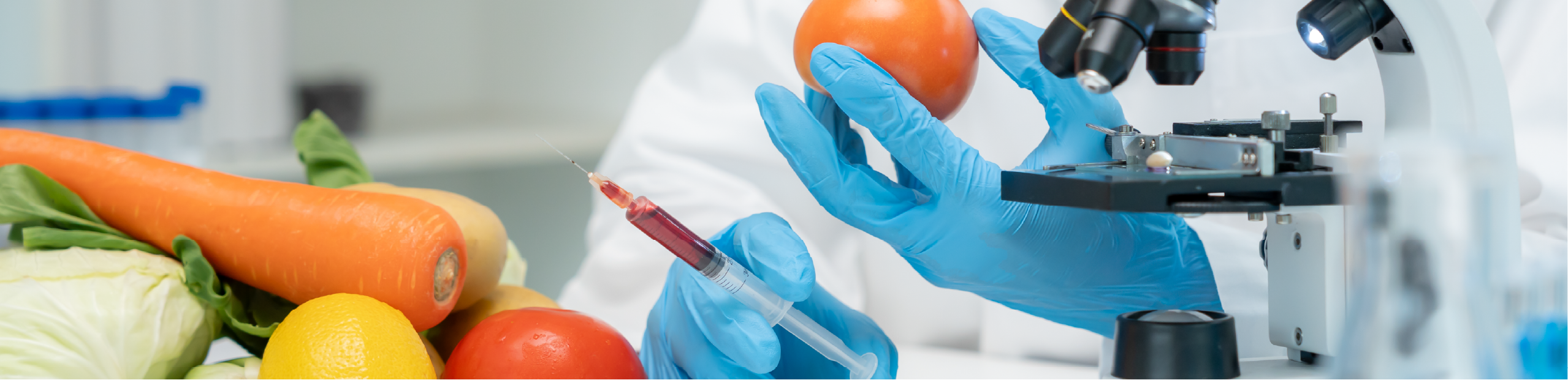 a scientist examines a tomato in front of a microscope and other fruits and vegetables