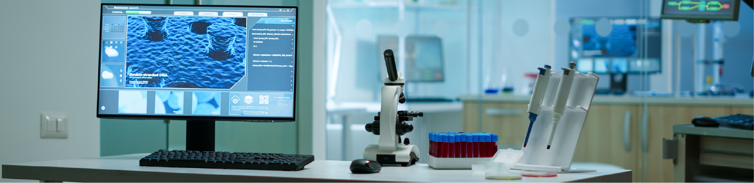 a scientific laboratory with computers, microscopes and other scientific equipment