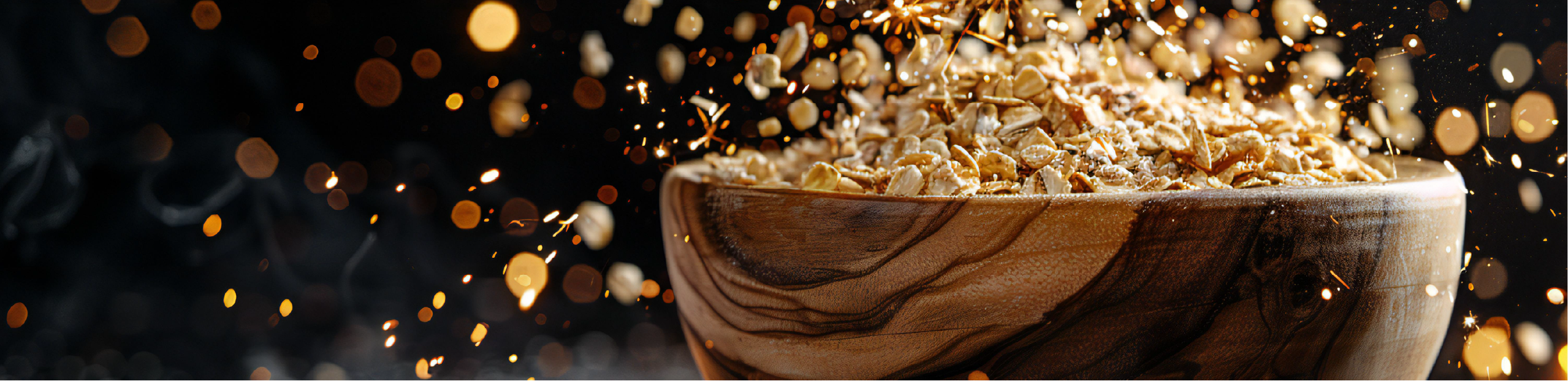 a wooden bowl filled with oats set in front of a black background