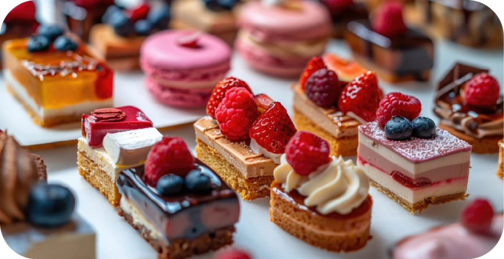 a tray of tasty desserts, such as mini cakes, subjected to vitamin testing