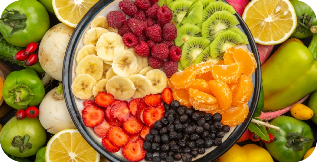 a variety of fresh fruit shot from the top down