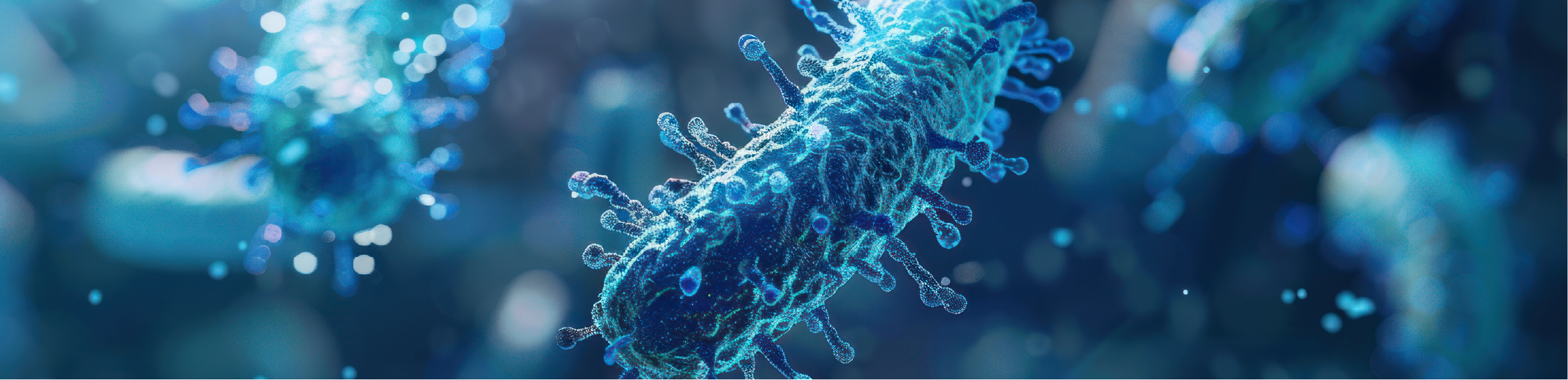 a series of blue bacteria floating through a dark blue liquid